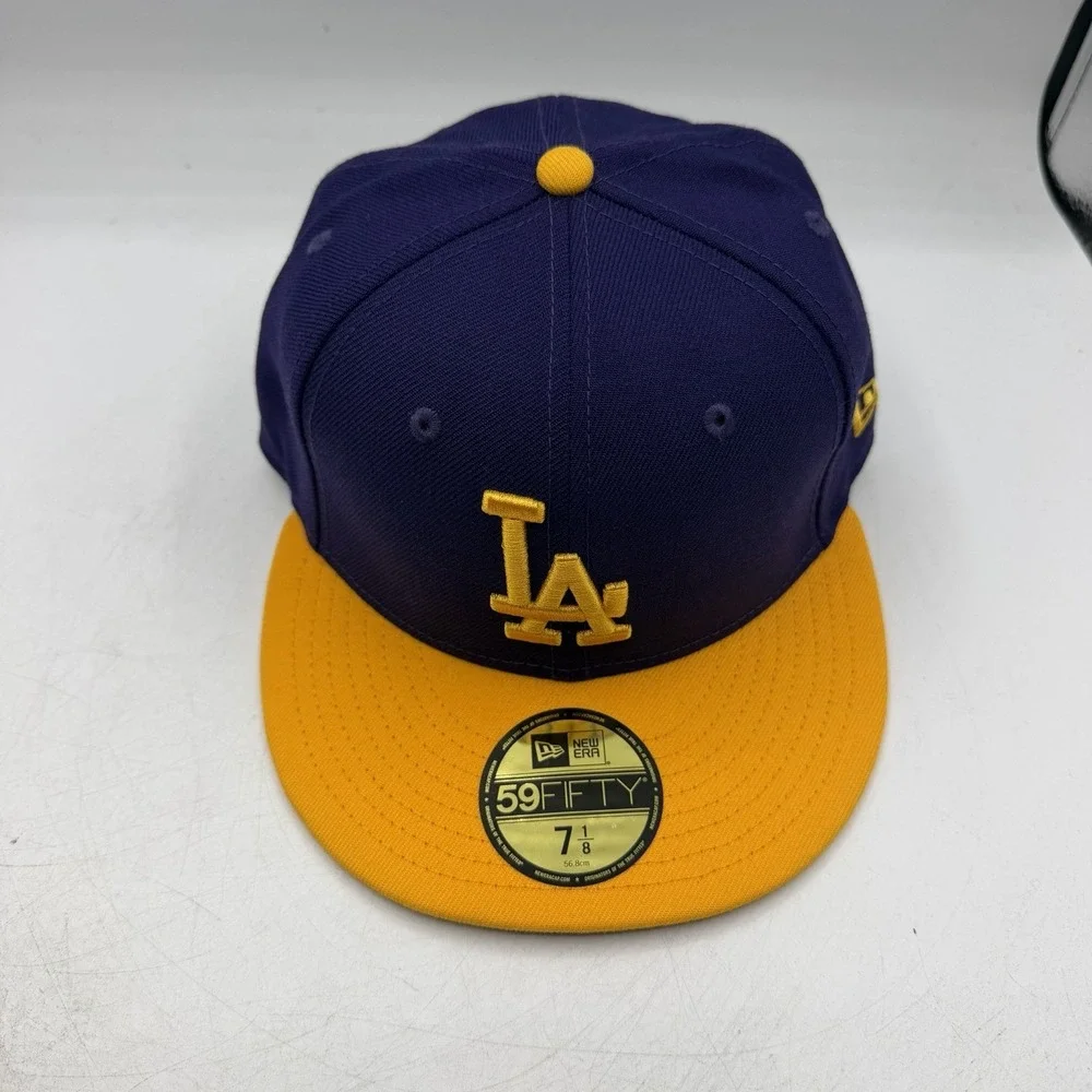 New Era 59Fifty Los Angeles Dodgers Hat Cap Sz 7 1/8 Fitted Purple Gold MLB